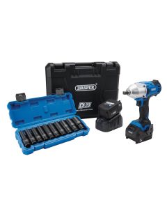 Draper D20 20V Brushless Mid-Torque Impact Wrench Kit, 1/2" Sq. Dr, 400Nm, & Metric Deep Impact Socket Set (10 Piece)